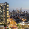 Night view of Morgan Hall and Philadelphia Skyline